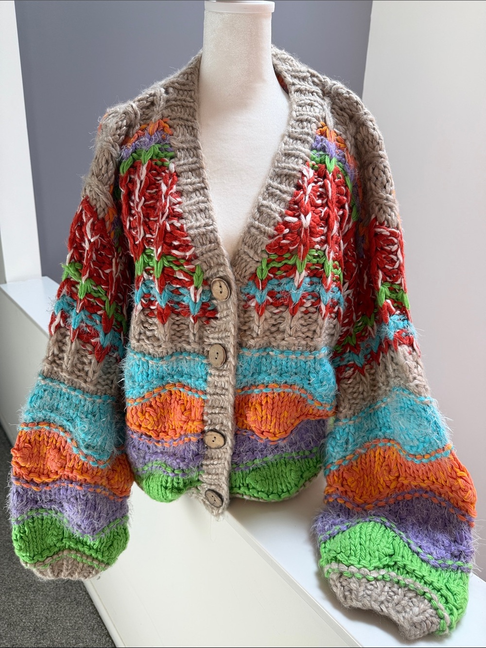 POL Chunky Beige Cardigan with Bright Orange, Teal, Green & Purple Accents